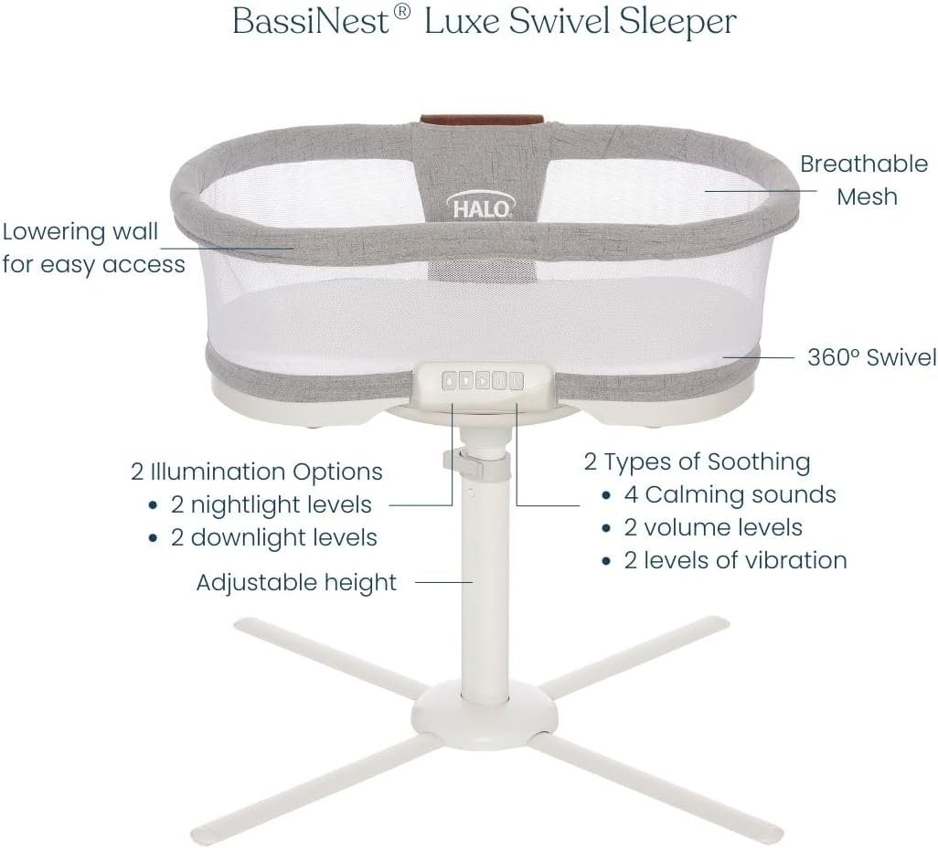 HALO BassiNest Luxe Swivel Sleeper - Over-Bed Baby Bassinet with 360° Rotation, Vibrations, White