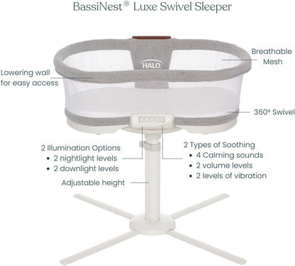 HALO BassiNest Luxe Swivel Sleeper - Over-Bed Baby Bassinet with 360° Rotation, Vibrations, White