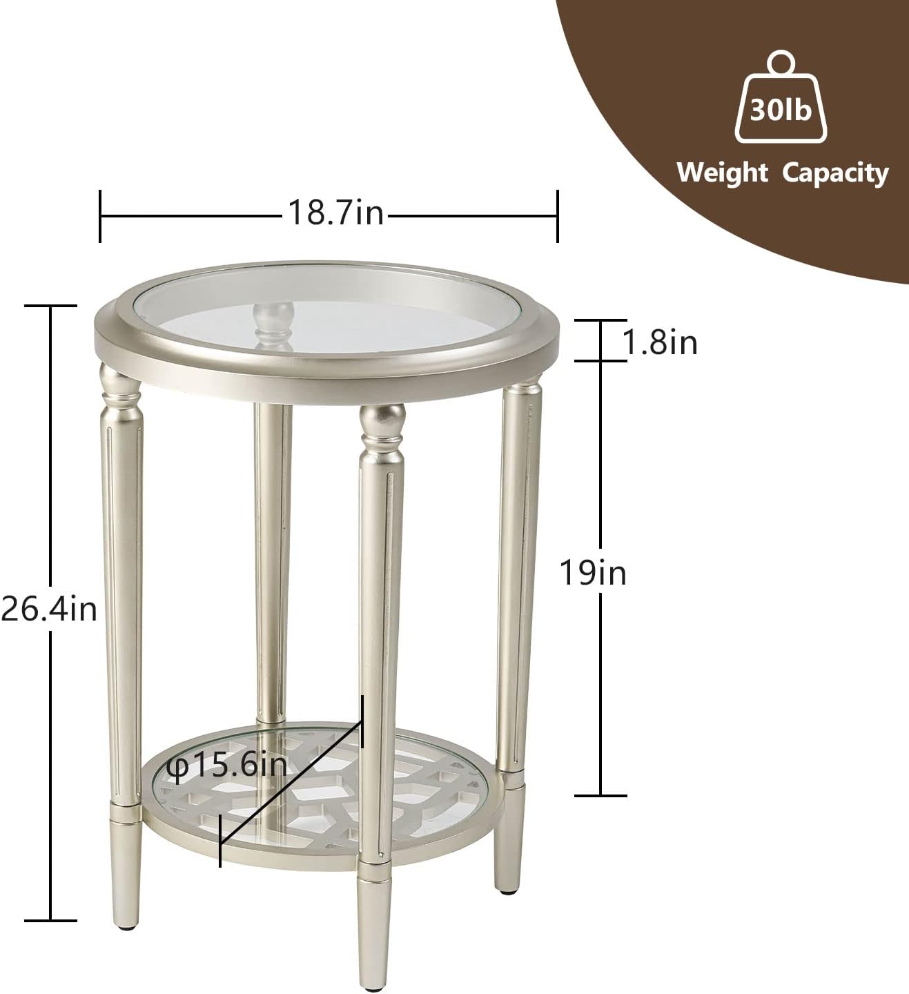 COSIEST Round Side Table, End Table Glass with Wood Frame, Champagne Gold Bedside Table with Modern