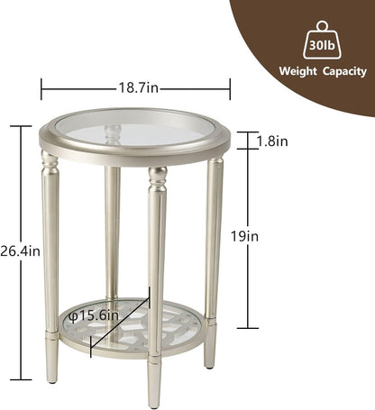 COSIEST Round Side Table, End Table Glass with Wood Frame, Champagne Gold Bedside Table with Modern