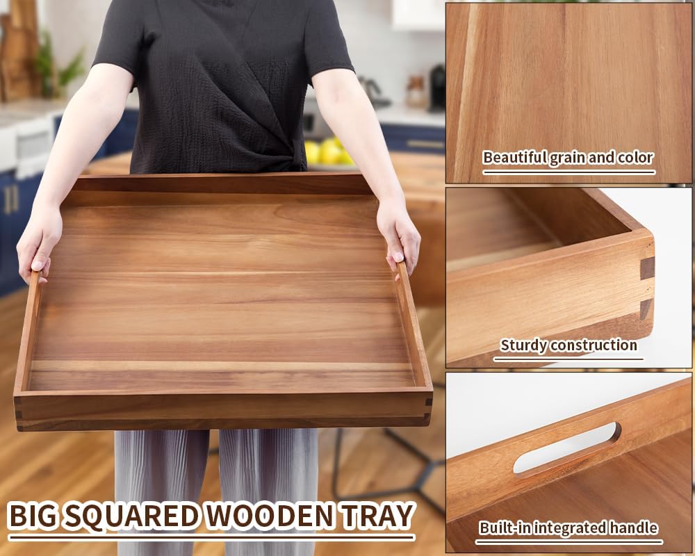 Extra Large Square Wood Tray, Generously 22" Acacia Serving Trays for Large Ottoman Coffee Table