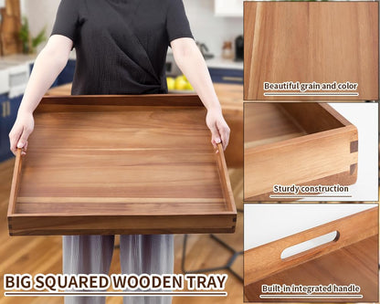 Extra Large Square Wood Tray, Generously 22" Acacia Serving Trays for Large Ottoman Coffee Table