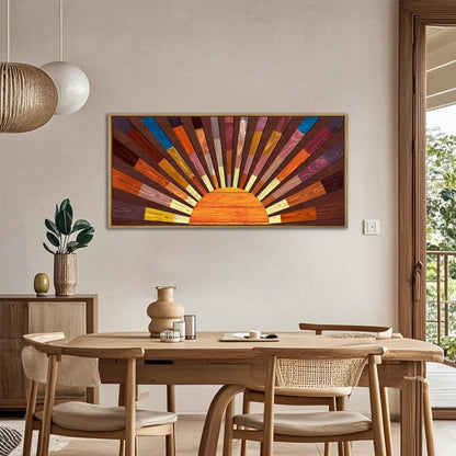 IARTTOP Extra Large Boho Sun Wood Wall Art for Living Room Wooden 3D Framed Abstract Sun Rising on