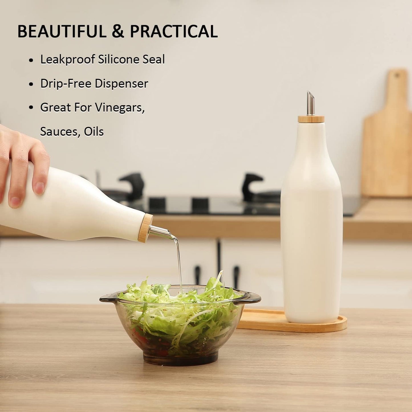 HOMCDALY Ceramic Olive Oil Dispenser for Kitchen, Stoneware 16oz Oil and Vinegar Bottles Dispenser