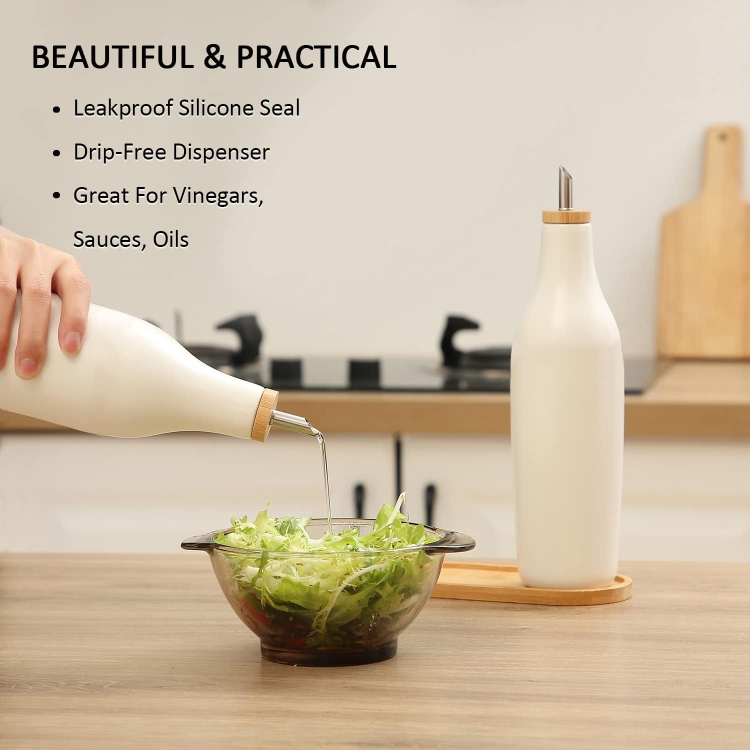 HOMCDALY Ceramic Olive Oil Dispenser for Kitchen, Stoneware 16oz Oil and Vinegar Bottles Dispenser