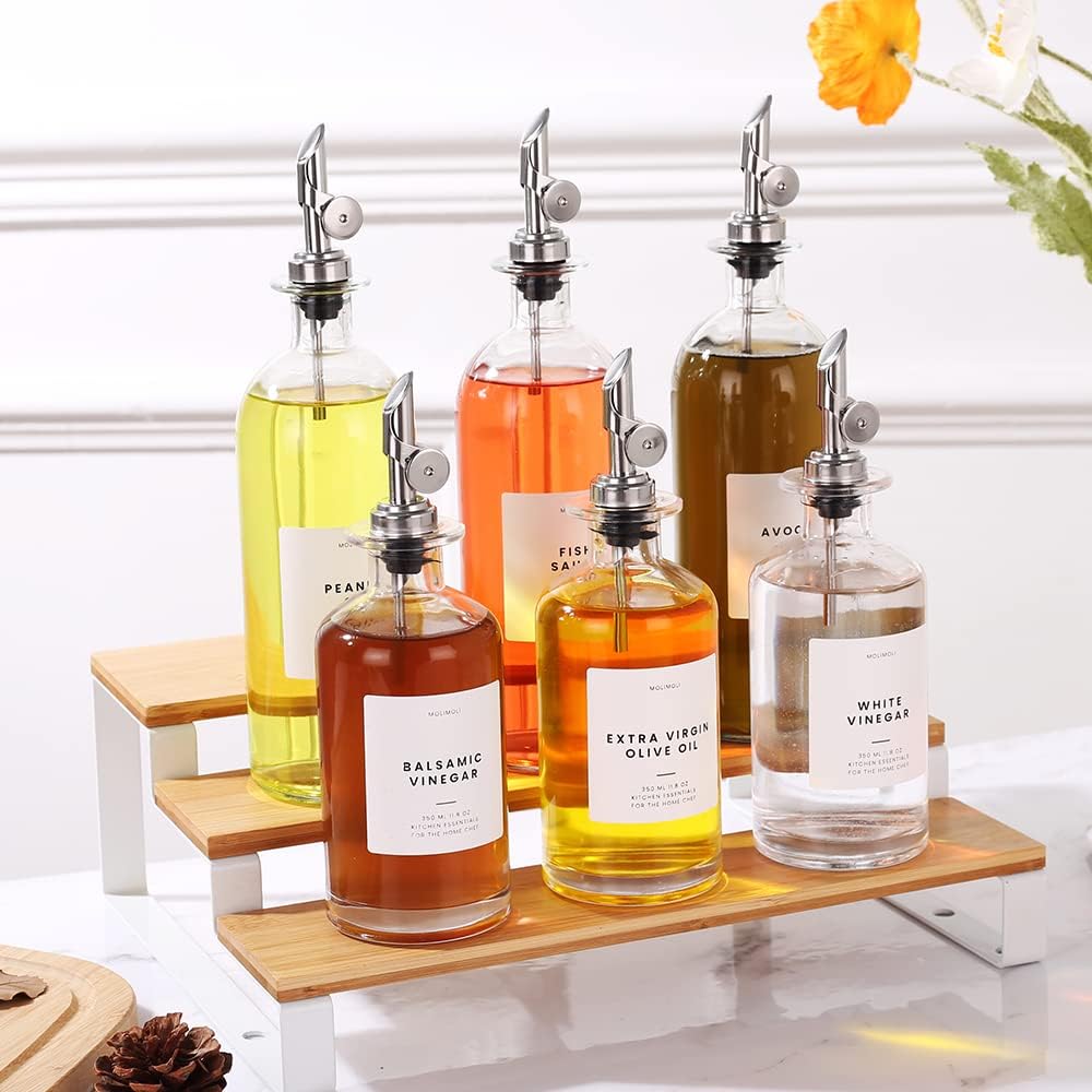 Molimoli Oil and Vinegar Dispenser with Metal Pour Spout, Weighted Pourer, Glass Bottle Dispenser