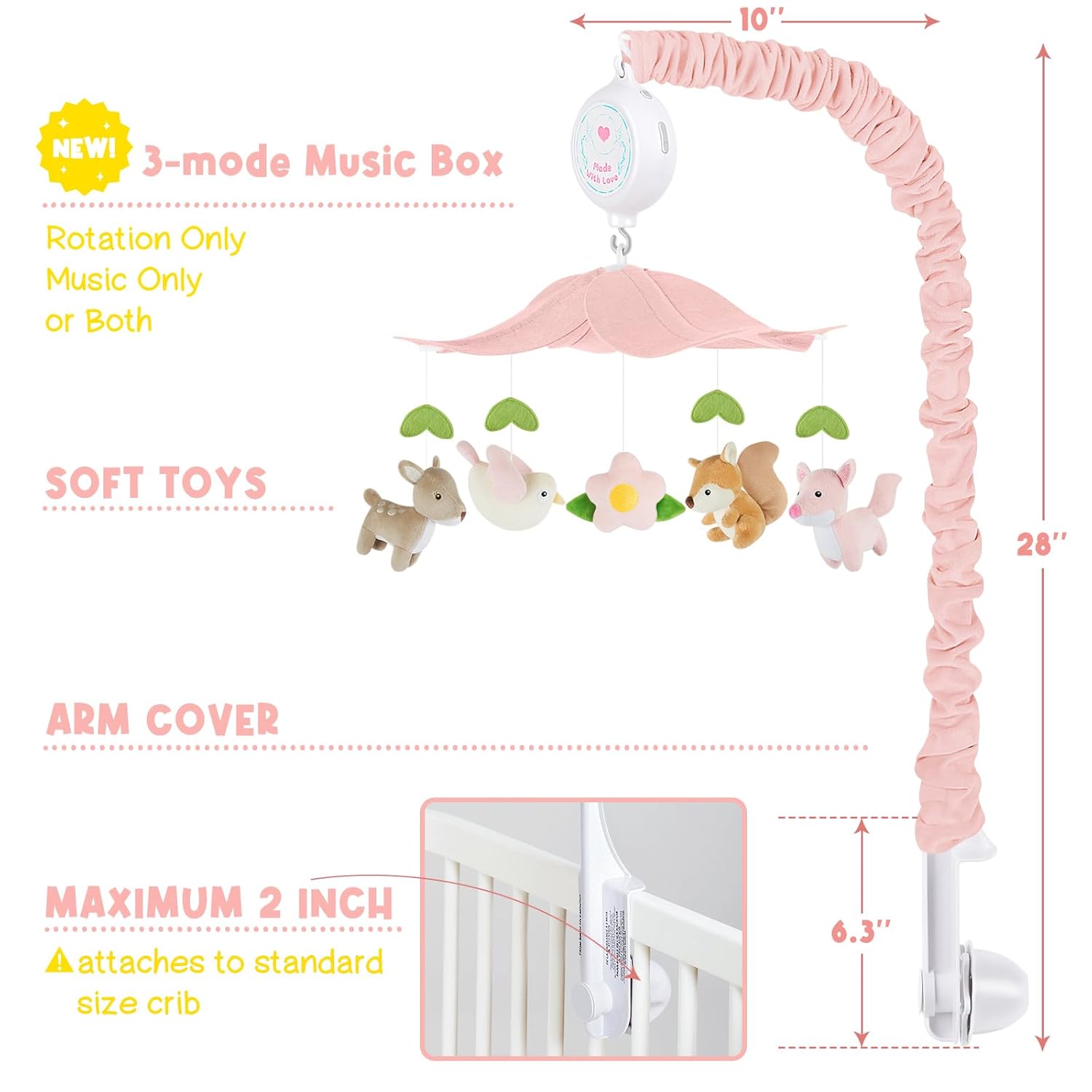 Woodland Crib Mobile for Girls – Cute Animals Baby Mobile for Crib with Upgraded 3-Mode Music Box
