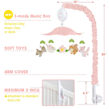 Woodland Crib Mobile for Girls – Cute Animals Baby Mobile for Crib with Upgraded 3-Mode Music Box