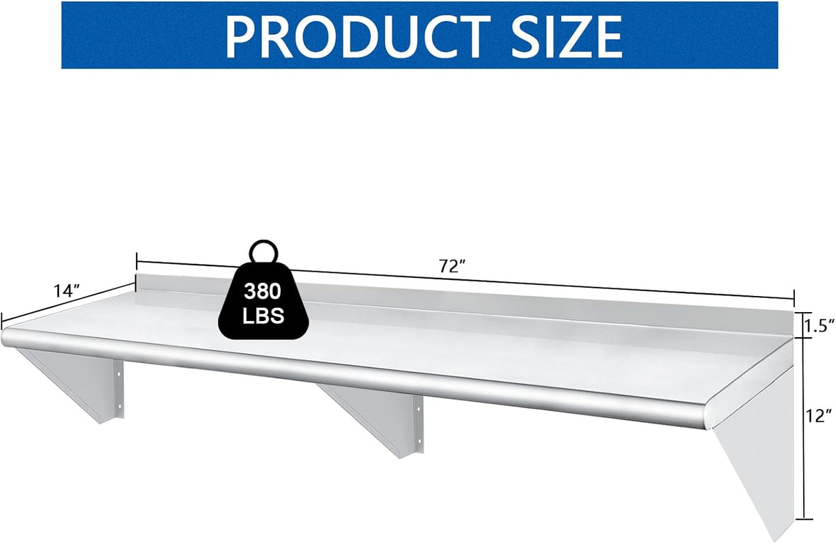 HARDURA Stainless Steel Shelf 14" x 72", 352lb Commercial Shelves Wall Mount Metal Shelving with