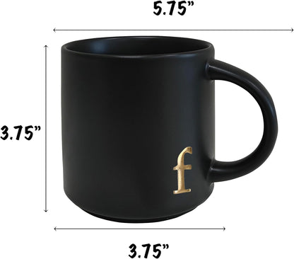 COLLECTIVE HOME - Black Monogram Ceramic Mugs, 15 oz Golden Initial Coffee Cups, Elegant Alphabet