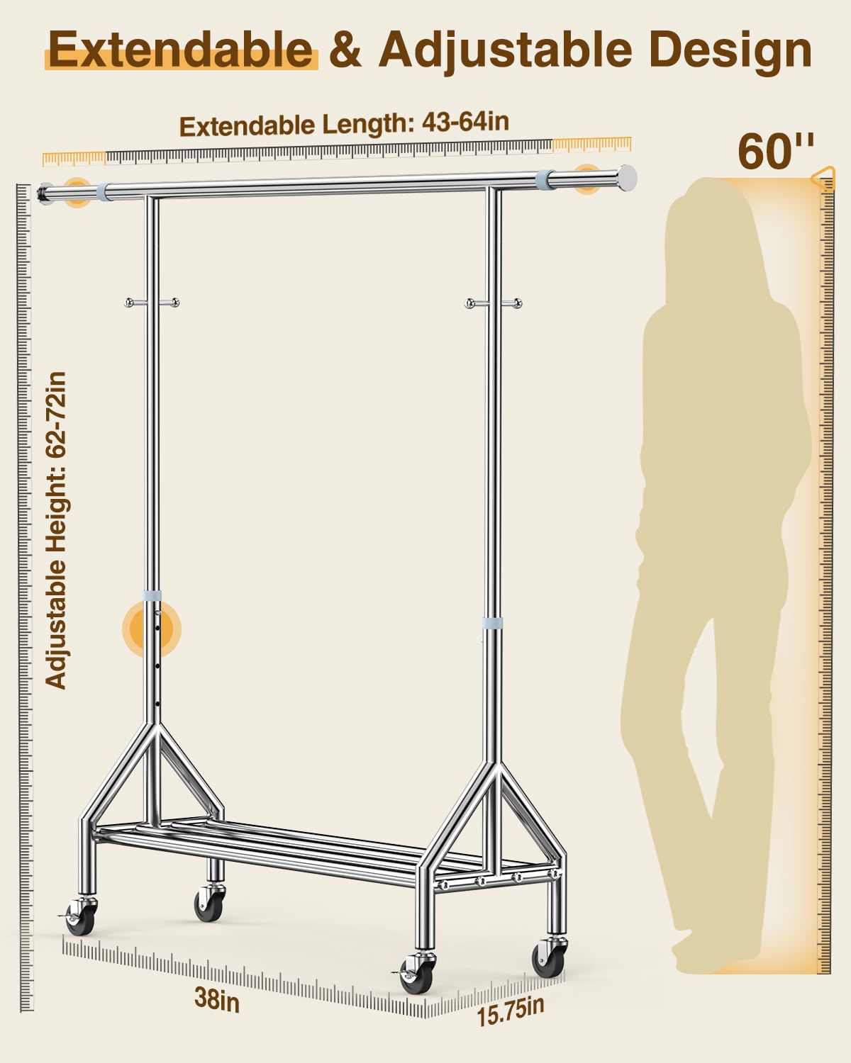 Fybee Heavy Duty Clothes Rack Load 520LBS, Adjustable Rolling Clothing Rack with Sturdy Wheel