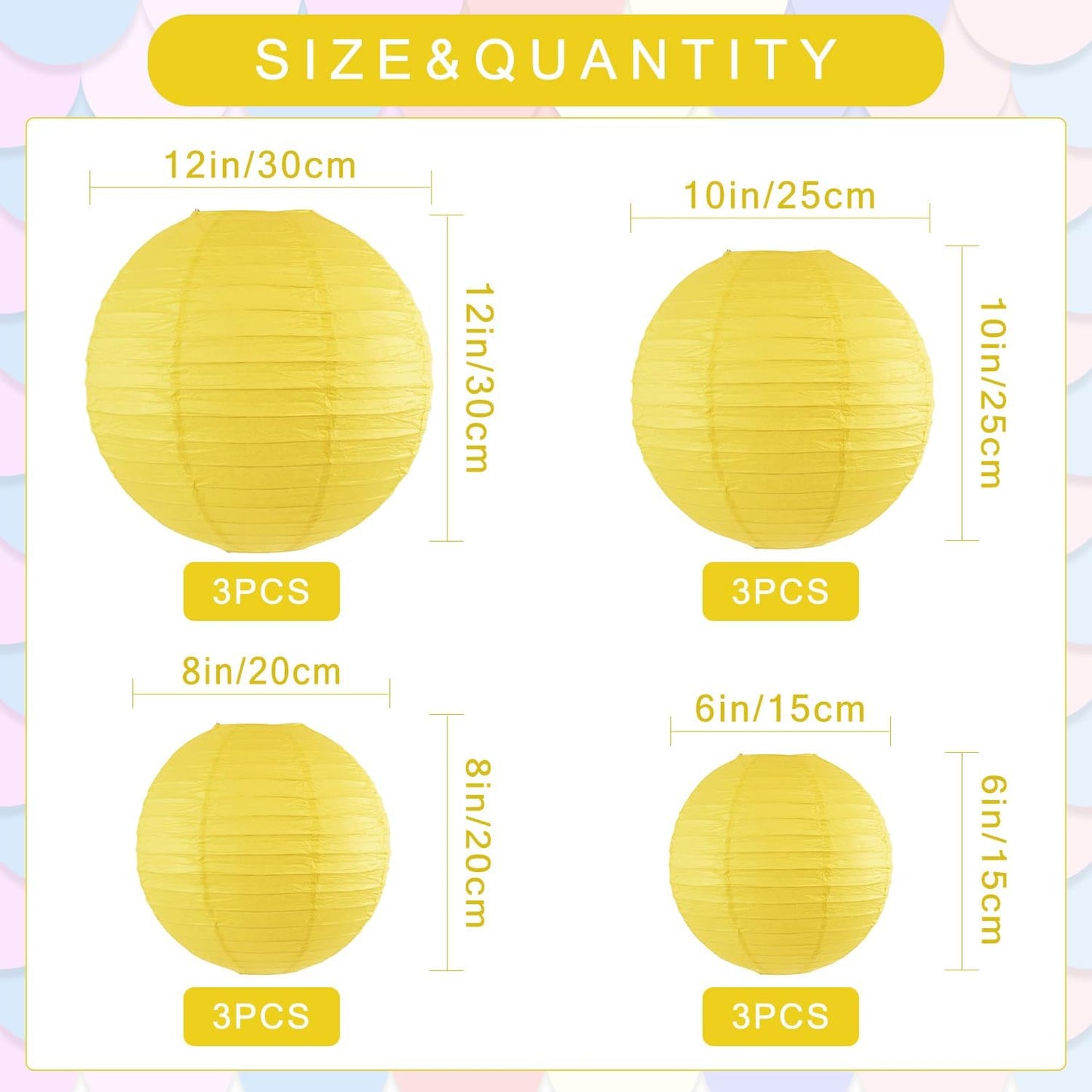 12Pcs Round Paper Lanterns Assorted Sizes (6" 8" 10" 12") for Home Decor, Restaurant, Church