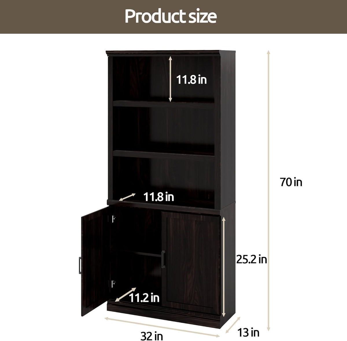 70 Inch Tall Bookcase with Doors, Library Office Bookshelf with Adjustable Shelves, Floor Standing