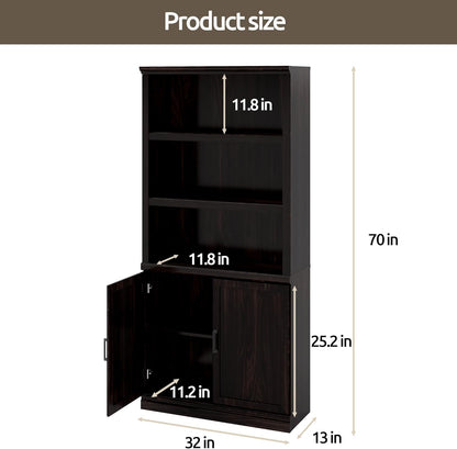 70 Inch Tall Bookcase with Doors, Library Office Bookshelf with Adjustable Shelves, Floor Standing