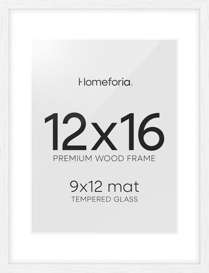 Homeforia 12x16 White Picture Frame, High End Oak 12x16 Wood Poster Frames with Mat 9x12 Print, 12