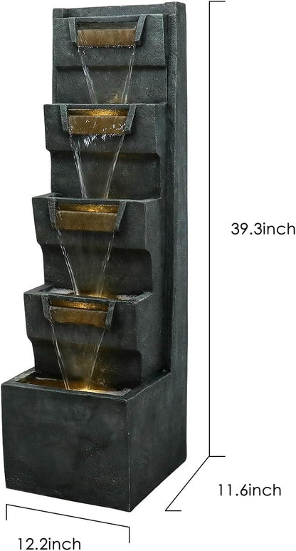 39.3" H Modern Water Fountain 5-Tier Outdoor Garden - Water Fountain w/LED Lights Cascading