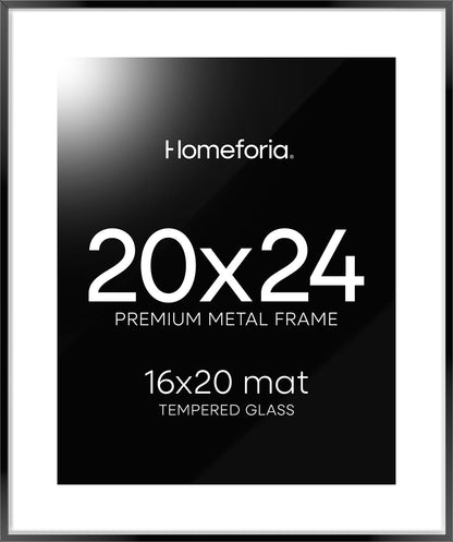 Homeforia 20x24 Picture Frame Black, High End Metal 20x24 Frame Matted to 16x20 Print, 20 x 24