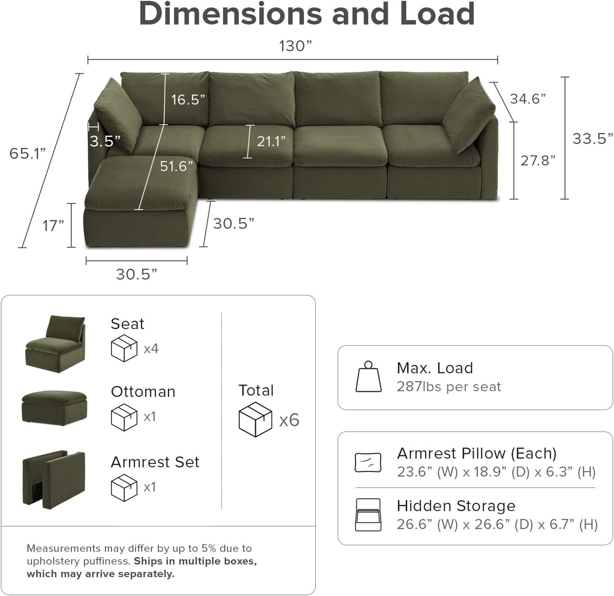 mopio Oversized Modular Sectional Sofa with Fully Removable Covers and Storage, Convertible U