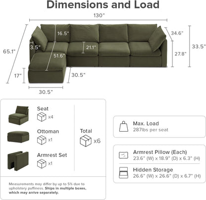 mopio Oversized Modular Sectional Sofa with Fully Removable Covers and Storage, Convertible U