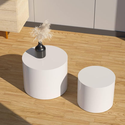 WILLIAMSPACE Nesting Coffee Table Set of 2, Matte White Round Wooden Coffee Tables Modern Circle