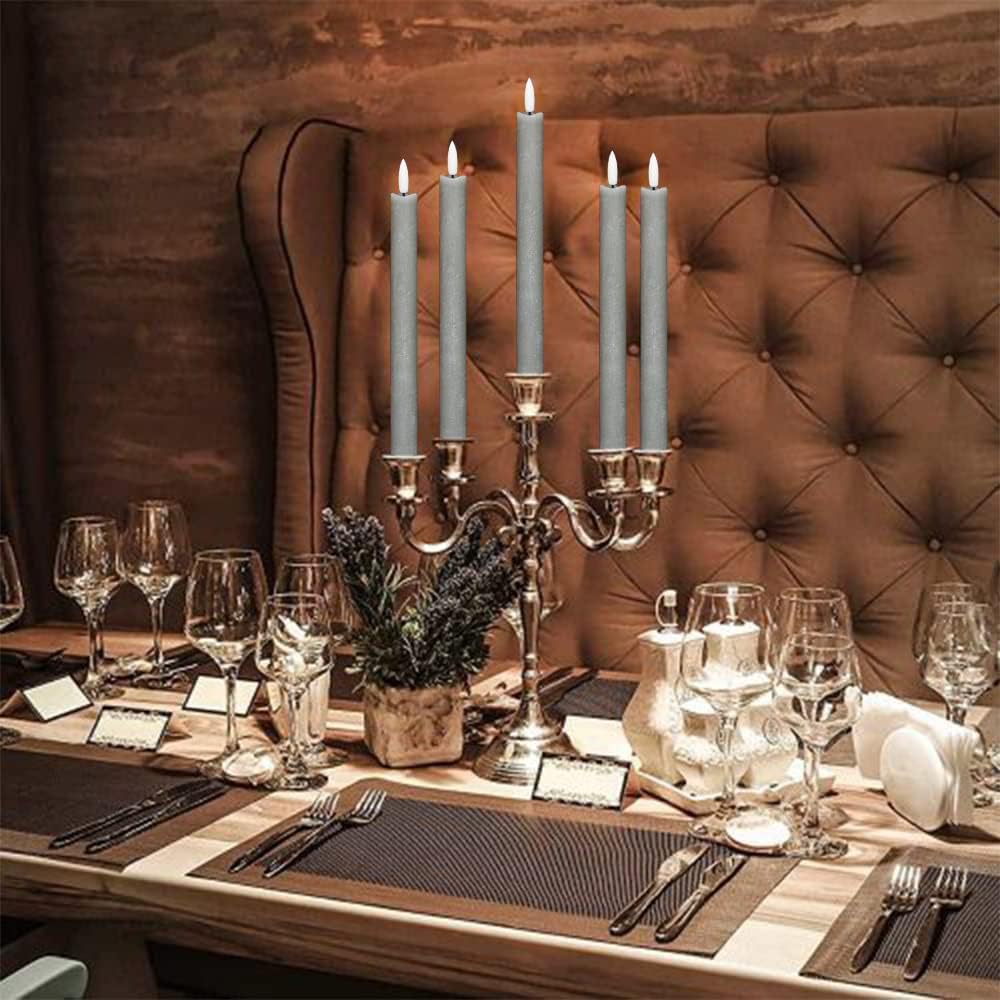 GenSwin Flameless Grey Taper Candles Flickering with 10-Key Remote, Battery Operated Led Warm 3D