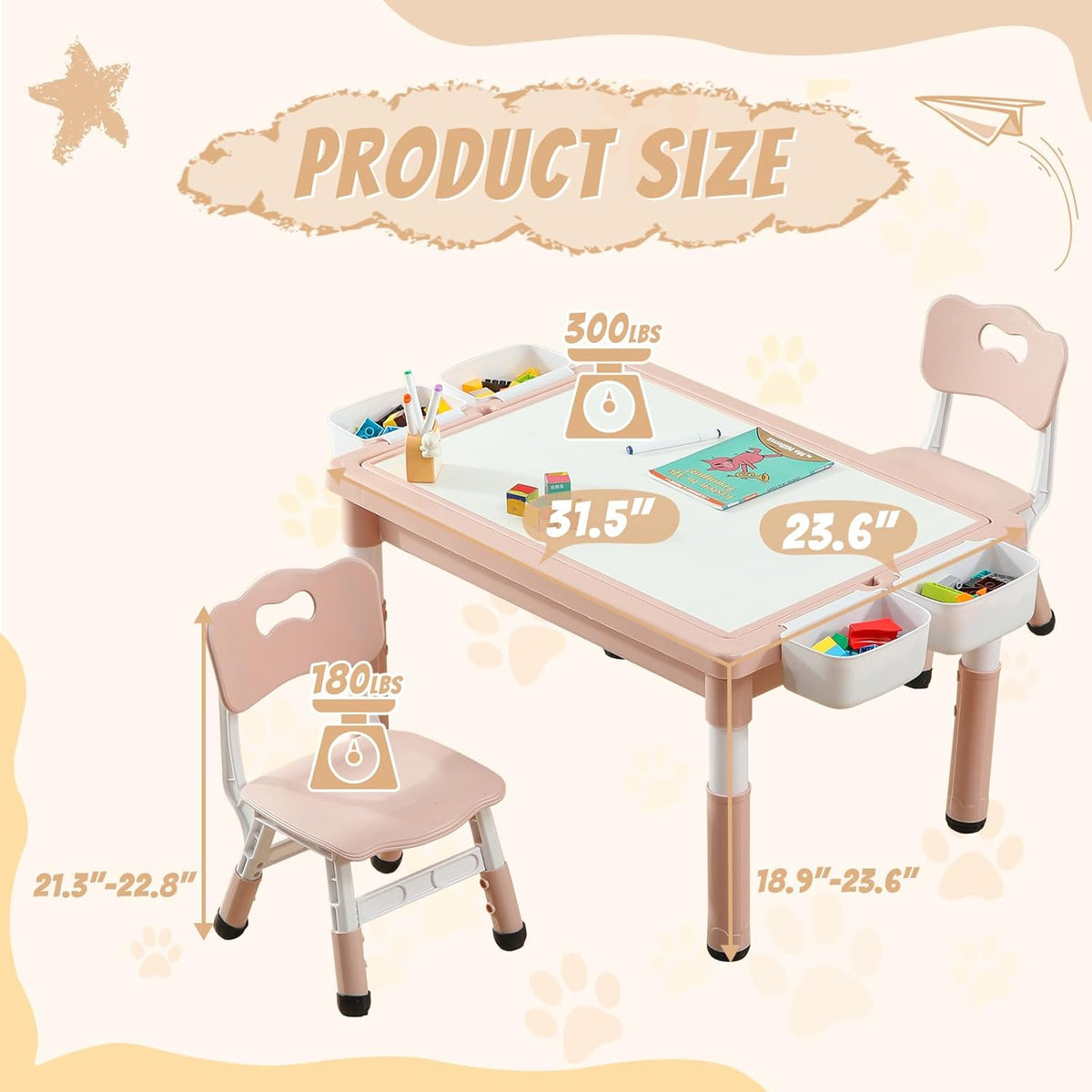 Multi Functional Kids Table and 2 Chairs Set, Graffiti & Building Blocks Double-Sided Tabletop