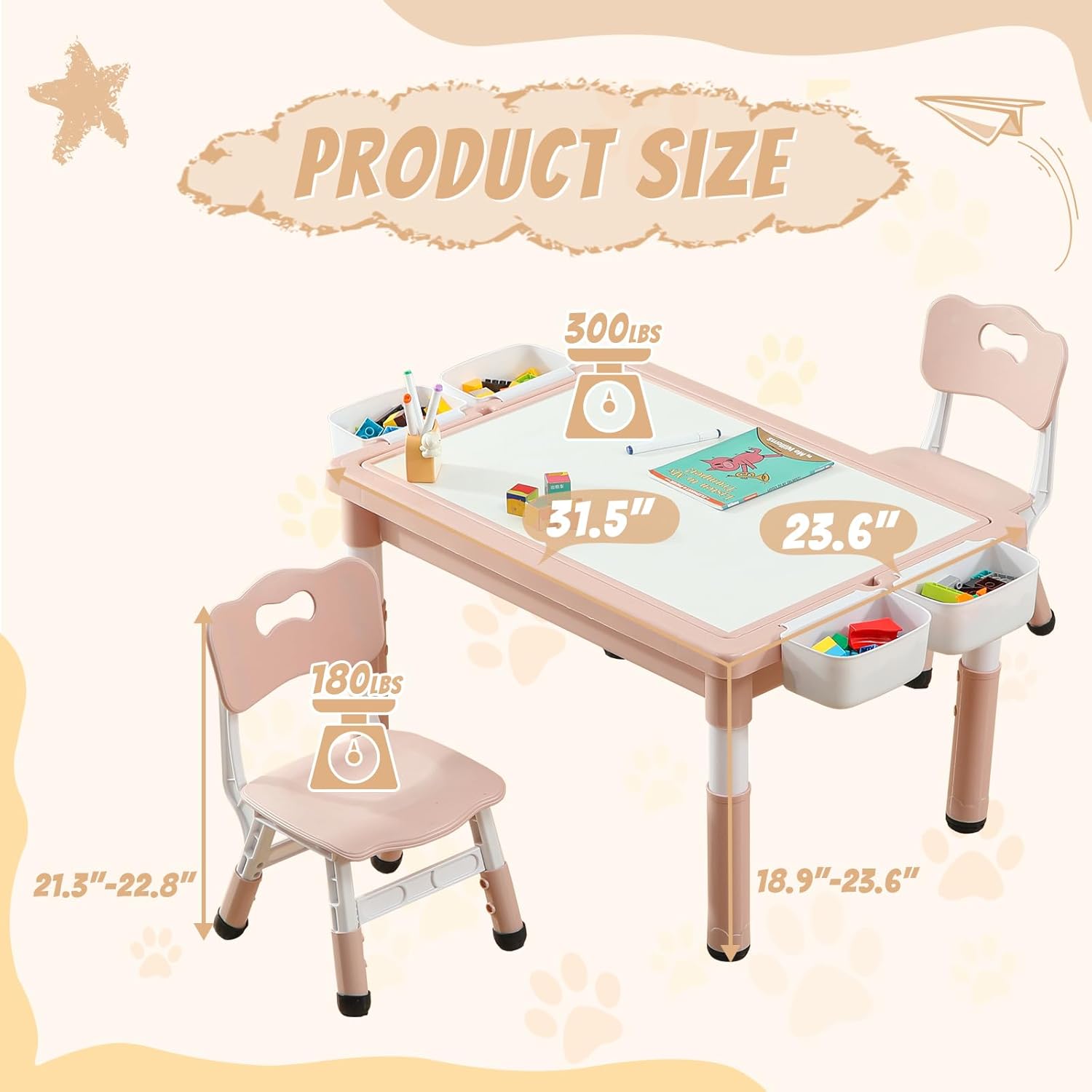 Multi Functional Kids Table and 2 Chairs Set, Graffiti & Building Blocks Double-Sided Tabletop