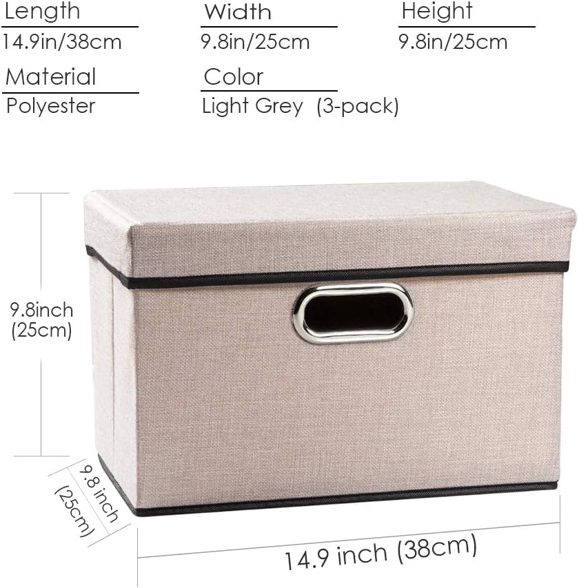 PRANDOM Foldable Storage Bin with Lid [3-Pack] Linen Fabric Decorative Storage Box Organizer