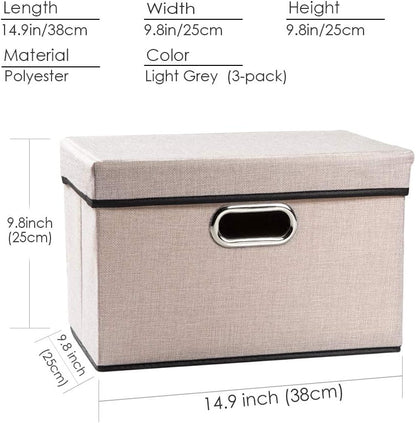 PRANDOM Foldable Storage Bin with Lid [3-Pack] Linen Fabric Decorative Storage Box Organizer