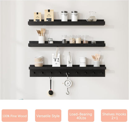 MBYD Black Picture Ledge Shelf with Hooks, 24 Inch Floating Book Shelves Kids Room, Wall Mounted
