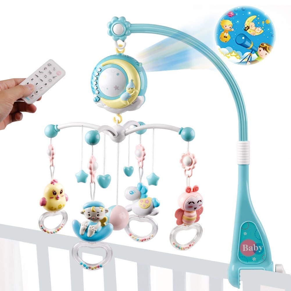 Baby Musical Crib Mobile with Timing Function Projector Lights,Stand-Along Rattles and 150 Melodies