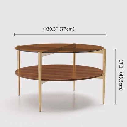 Round Coffee Table, Mid-Century Modern Design, D30 x H17, for Living Room, 2-Tier Structure, Amber