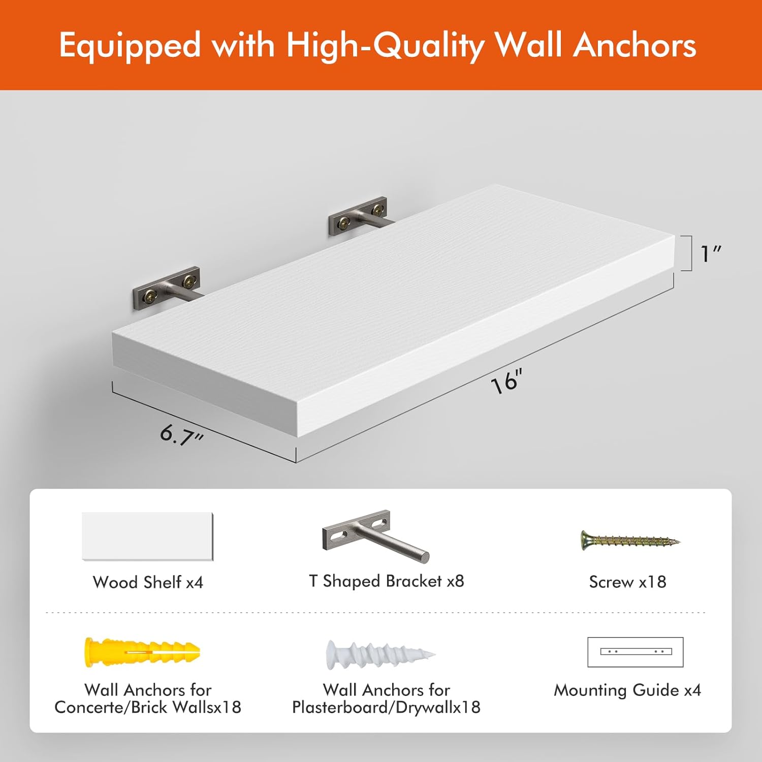 16’’White Floating Shelves for Wall Set of 4,Rustic Wood Shelf for Room Decor/Storage/Display,Small