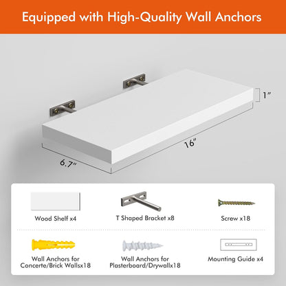 16’’White Floating Shelves for Wall Set of 4,Rustic Wood Shelf for Room Decor/Storage/Display,Small
