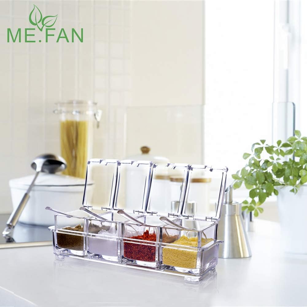 ME.FAN Clear Seasoning Rack Spice Pots - 4 Piece Acrylic Seasoning Box - Storage Container