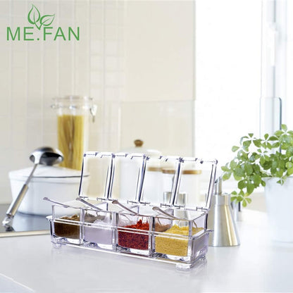 ME.FAN Clear Seasoning Rack Spice Pots - 4 Piece Acrylic Seasoning Box - Storage Container