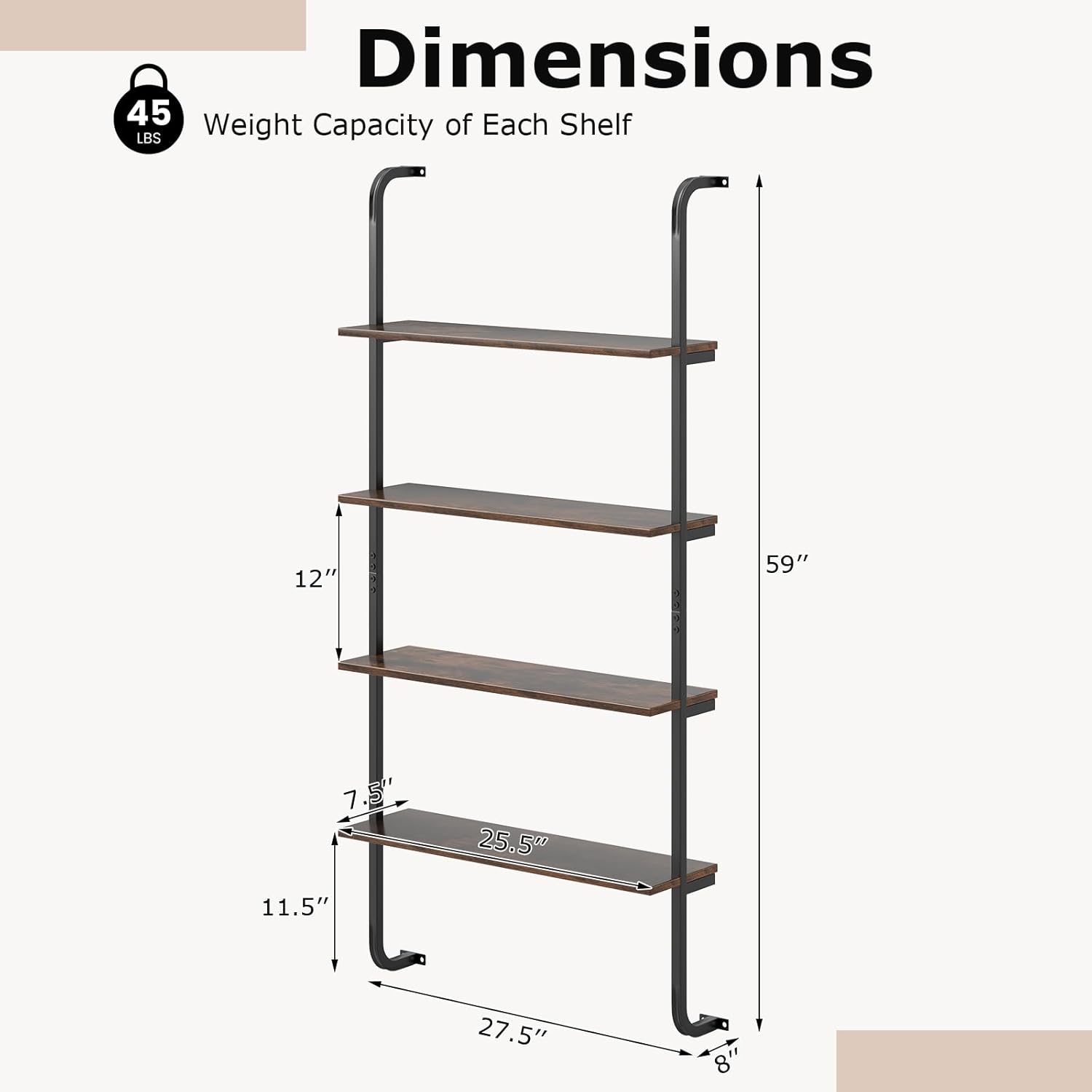 Giantex 4-Tier Industrial Bookshelf Set of 2, Wall Mounted Pipe Shelving Unit, Floating Shelves