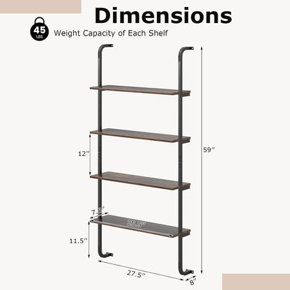 Giantex 4-Tier Industrial Bookshelf Set of 2, Wall Mounted Pipe Shelving Unit, Floating Shelves
