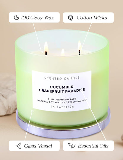 Cucumber Grapefruit Paradise 3-Wick Scented Candle | Large Soy Candle for Home 15.8 oz | Fresh