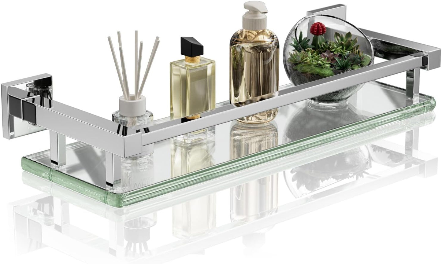 Alise Bathroom Glass Shelf with Stainless Steel Railing, Polished Chrome Small Tempered Glass