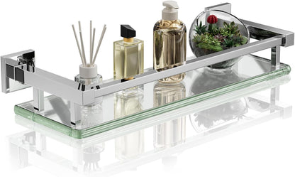 Alise Bathroom Glass Shelf with Stainless Steel Railing, Polished Chrome Small Tempered Glass