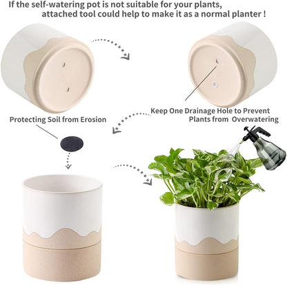 Nihow Self Watering Plant Pot: 6 Inch Ceramic Planter with Drainage Hole & Water Storage Plus for