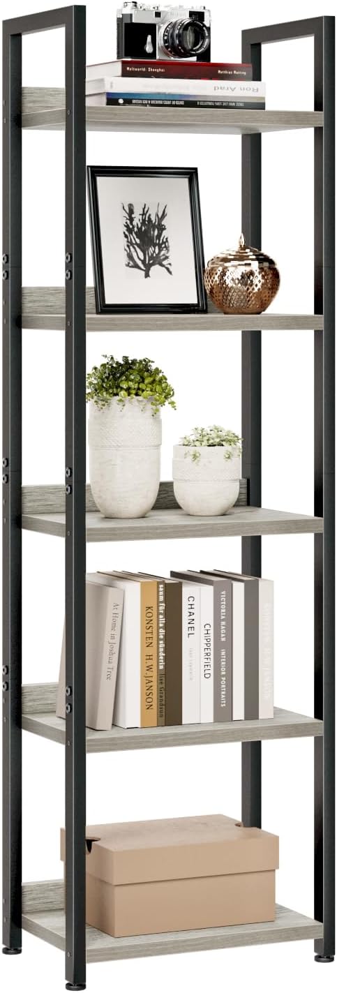 NUMENN Narrow Bookshelf, 5 Tier Bookshelves, Home Office Bookcase Shelf Storage Organizer, Free