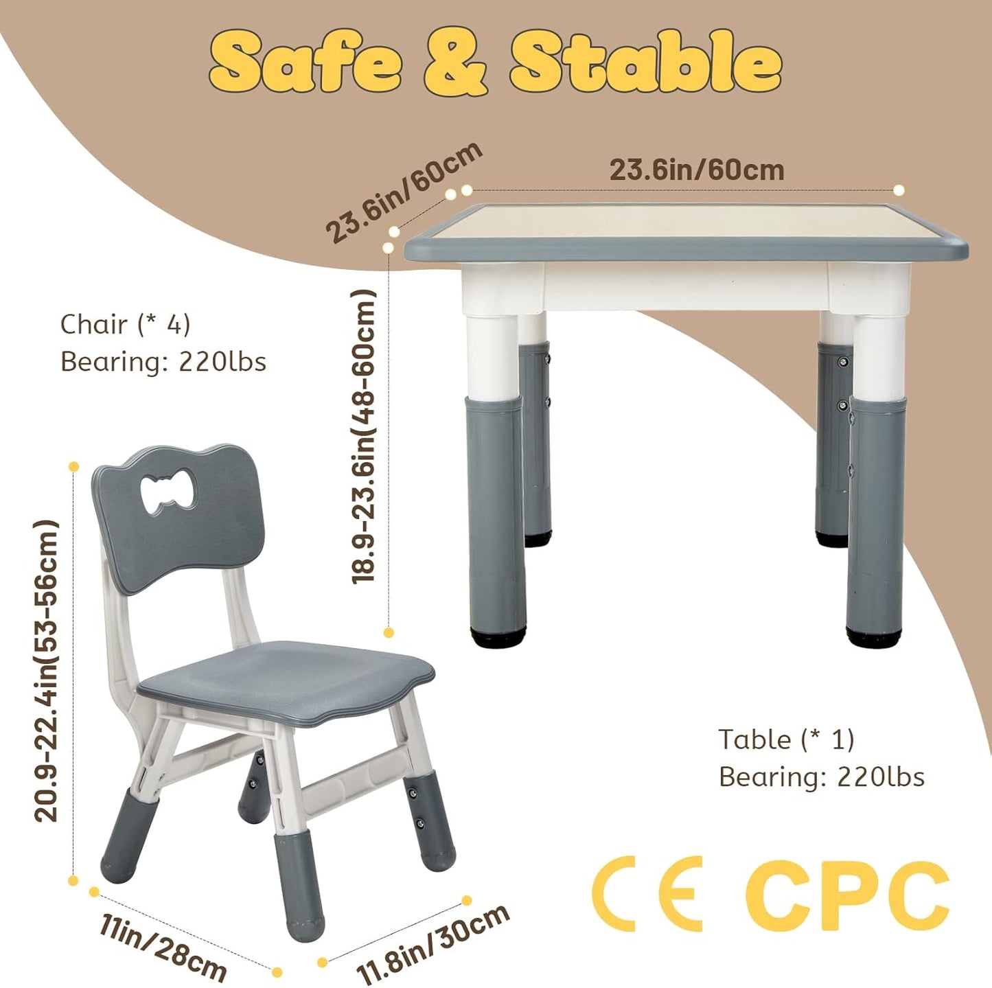 FUNLIO Kids Table and 4 Chairs Set, Height Adjustable Toddler Table and Chair Set for Ages 3-8
