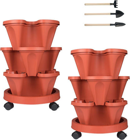 DUNCHATY Stackable Planters 3 Tier Vertical Garden Planting Tower Planters Strawberry, Herb