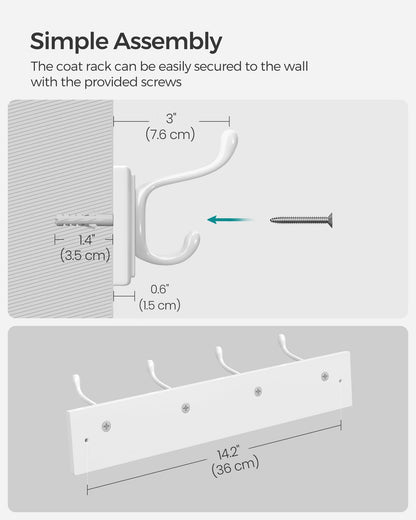 SONGMICS Wall-Mounted Coat Rack, Hook Rack, 4 Dual Metal Hooks, White