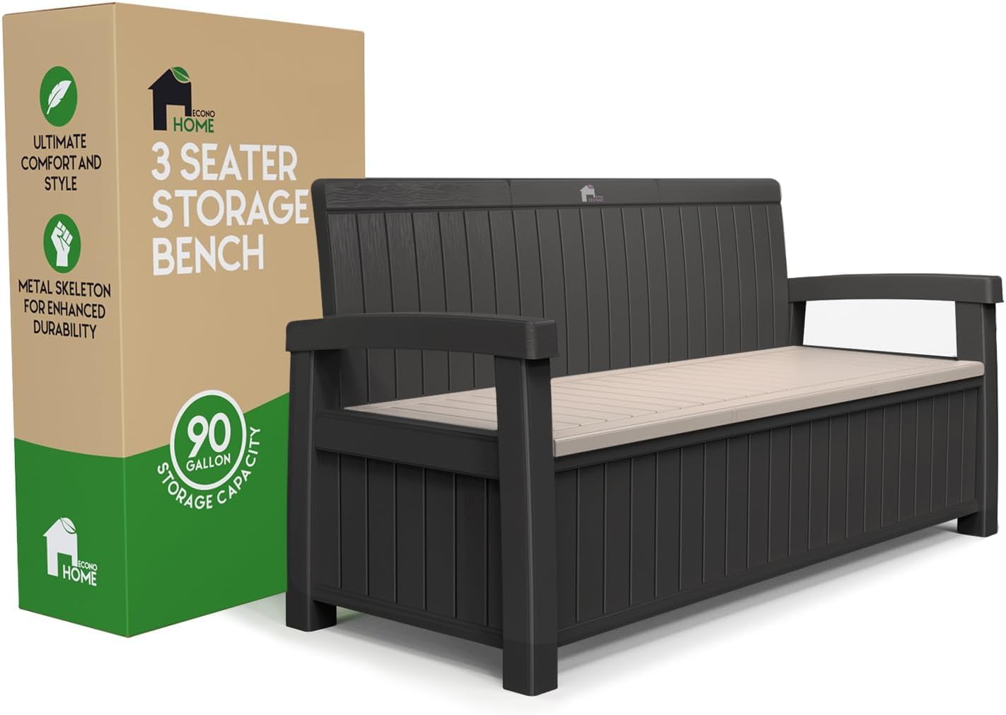 EconoHome 3 Seat Outdoor Storage Bench - 90 Gallon Capacity - Weatherproof Resin Bench for Patio