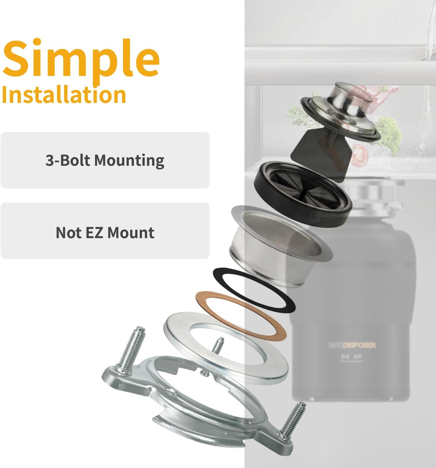Garbage Disposal 3/4 HP for Kitchen sink Quiet with Stopper Power Cord, Easy install, Continuous