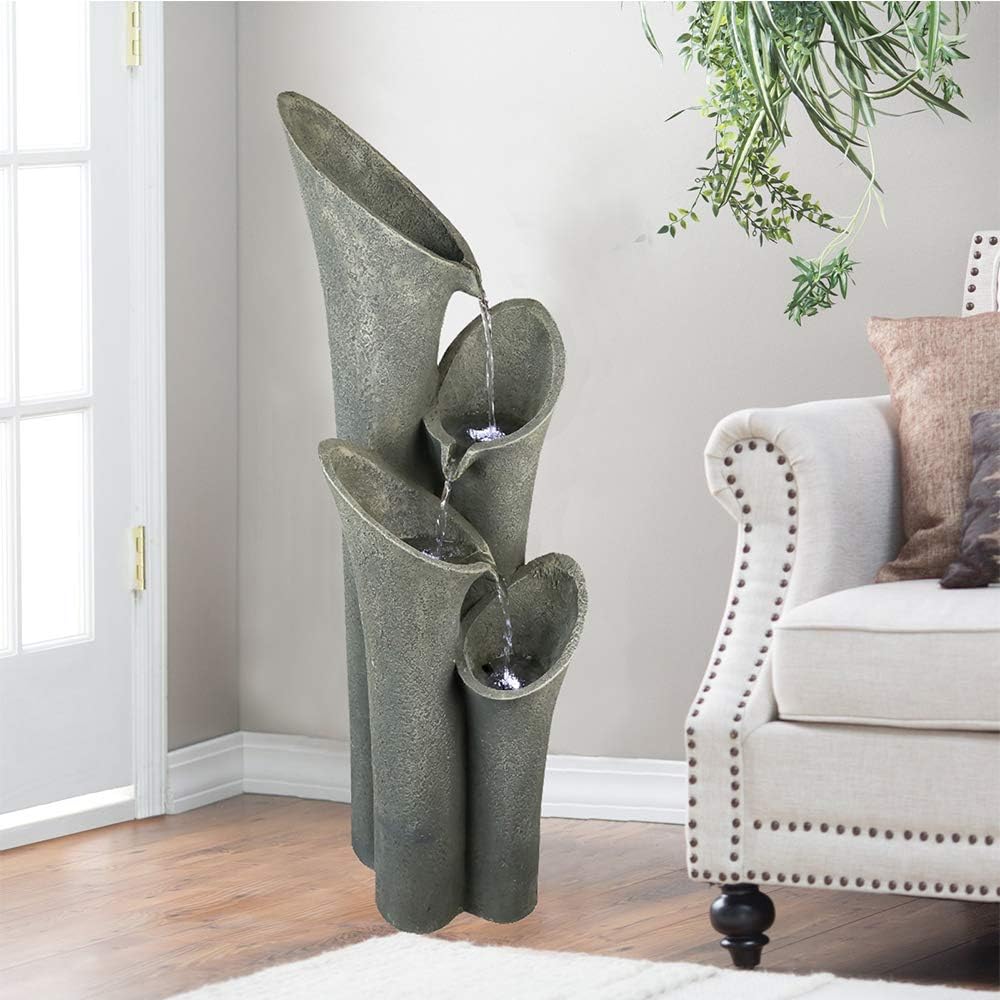Faux Stone Patio Water Fountain 33 1/2", Bell 4-Tier Cascading Floor Fountain Indoor Outdoor