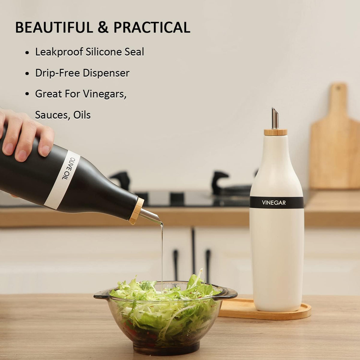 HOMCDALY Olive Oil and Vinegar Dispenser Set, Two 16oz Ceramic Oil Dispenser for Kitchen, Kitchen